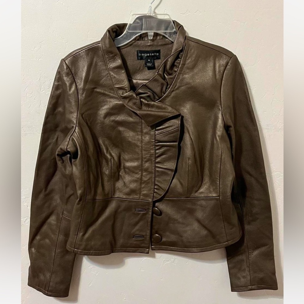 bagatelle bronze leather jacket with ruffle detailing